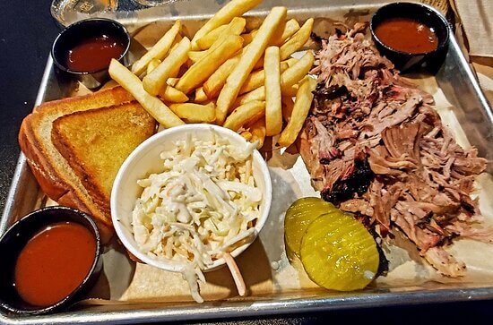 BBQ plate with french fries and cole slaw
