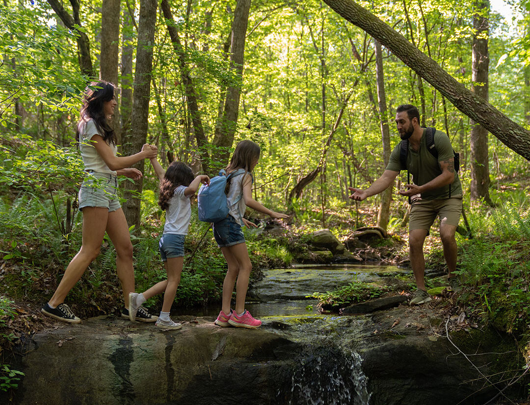 family crossing creek in woods