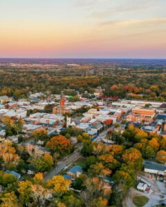 An aerial photograph of the Historic Downtown Newnan Square in Newnan, Georgia.