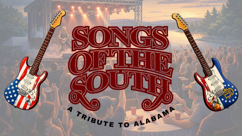 A logo for "Songs of the South," featuring prominent text flanked by electric guitars.