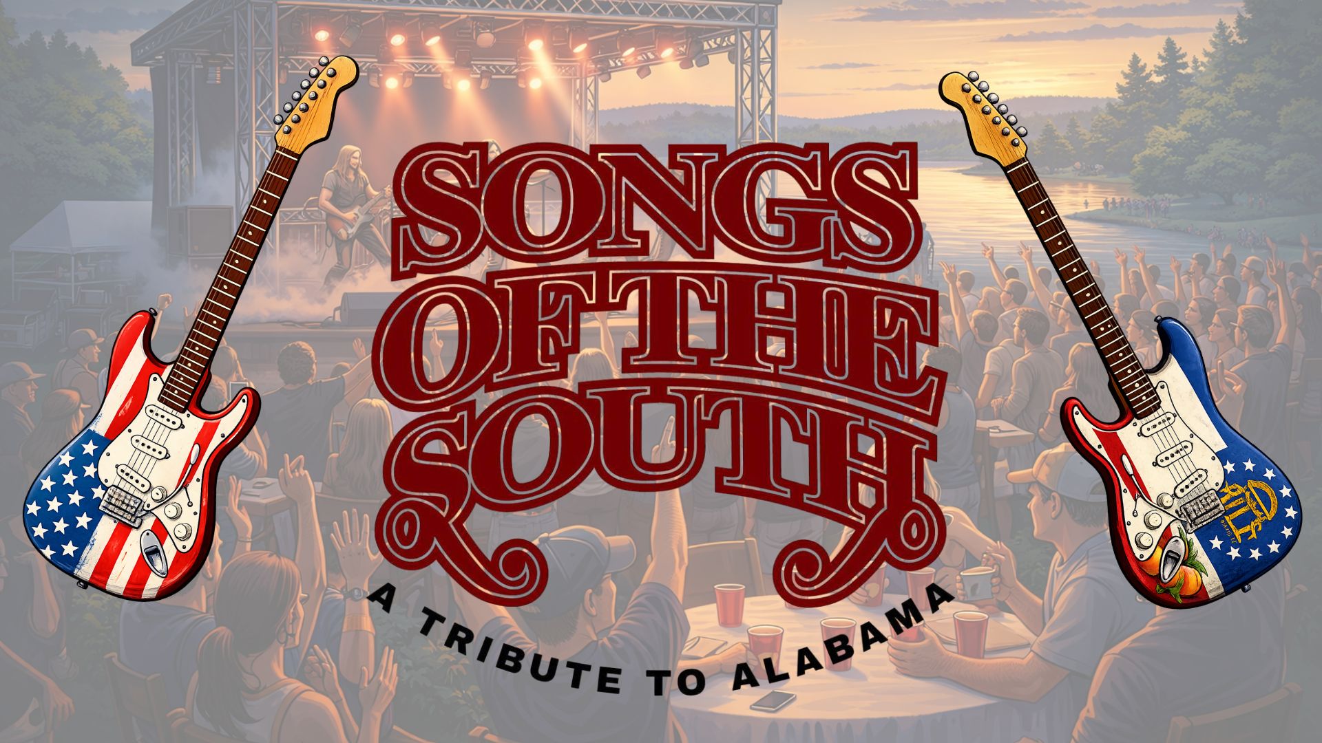 A logo for "Songs of the South," featuring prominent text flanked by electric guitars.