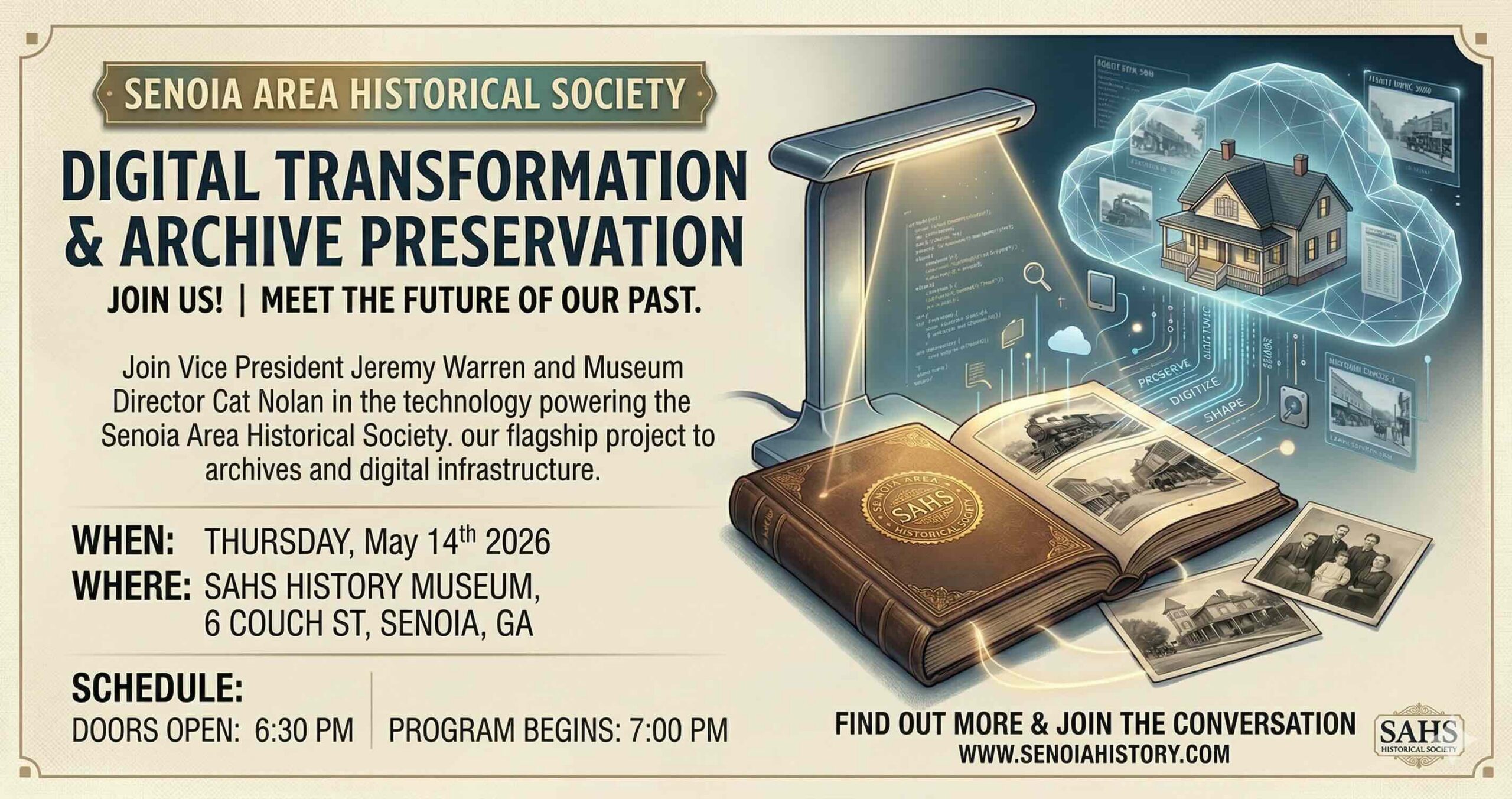 Senoia Historical Society Program Flyer about the Archives Website