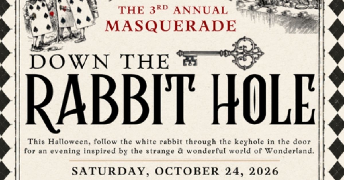 Event flyer for the 3rd Annual Halloween Masquerade called Down the Rabbit Hole.