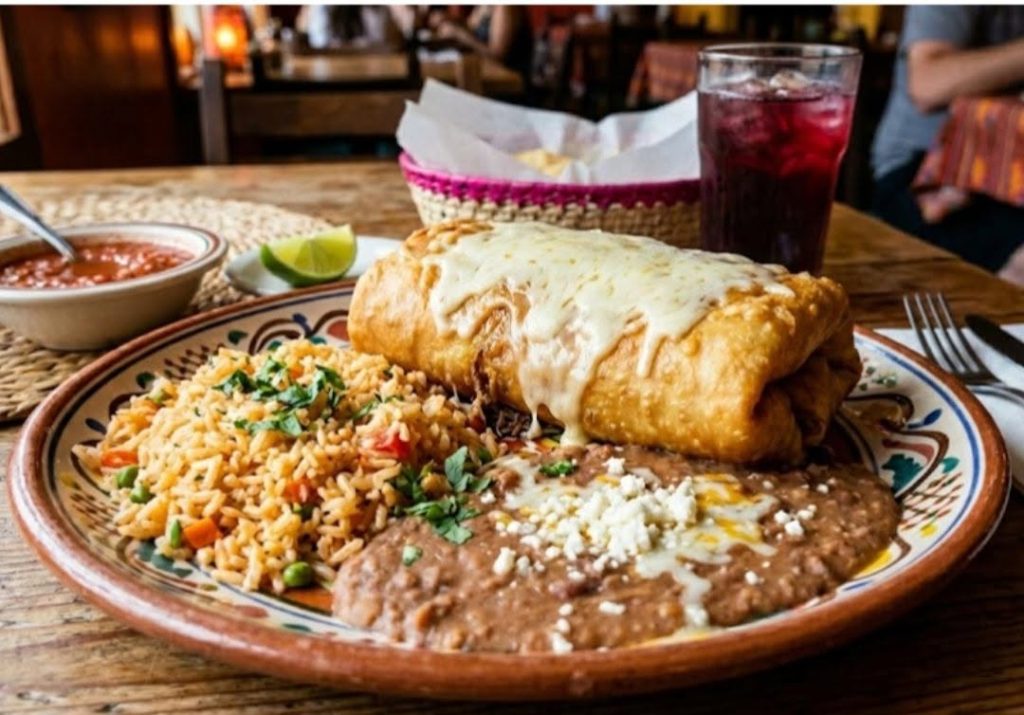 A plate of food, salsa and chips.